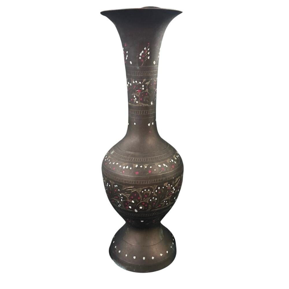 UNIQUE Brass Vase UV Reactive Hand Painted and Etched Vintage